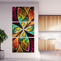 kit quadro decorativo 3 peças mandala vitral floral colorida deoração vertical