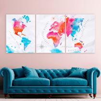 kit quadro decorativo 3 peças Mapa continentes coloridos cores neon decoração