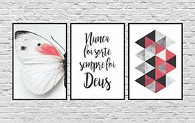 kit quadro decorativo 3 peças Sorte e Deus frase de fé detalhes vinho decoração