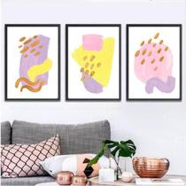 Kit Quadro Decorativo Abstrato Rosa, Lilás E Amarelo 3 Peças