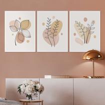 Kit Quadro Decorativo Boho Folhas Tons De Bege Mold Branca