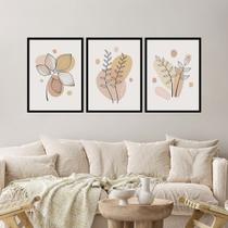 Kit Quadro Decorativo Boho Folhas Tons De Bege Mold Preta