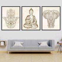 Kit Quadro Decorativo Buda Zen Hamsa Elefante 45X34 3 Peças