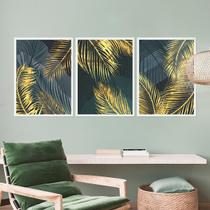 Kit Quadro Decorativo Folha Dourada Palmeira Moldura Branca