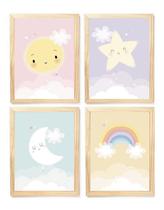 Kit quadro decorativo infantil arco íris sol estrela lua quarto criança bebê enxoval