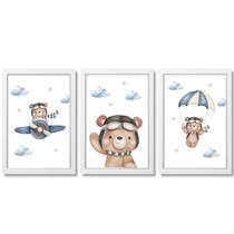 Kit Quadro Decorativo Infantil Ursinho Aviador Aquarela Azul