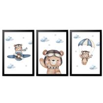 Kit Quadro Decorativo Infantil Ursinho Aviador Aquarela Azul Kit Quadro Decorativo Infantil Ursinho Aviador Aquarela Azul