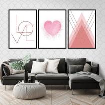 Kit Quadro Decorativo Love Coração Rosa 45x34cm 3 Peças