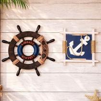 Kit Quadro Decorativo Náutico Timão e Peça Quadrada 27x27cm Branco Marrom Azul Kit Quadro Decorativo Náutico Timão e Peça Quadrada 27x27cm Branco Marrom Azul