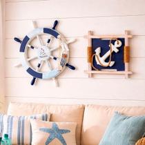 Kit Quadro Decorativo Náutico Timão Quadrado 27x27cm em Madeira e MDF Azul Branco