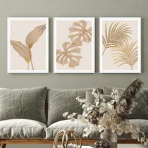 Kit Quadro Decorativo Ouro Folhagens Moldura Branca
