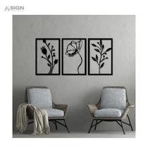 Kit Quadro Decorativo Vazado Conjunto Flor Flores Escultura de Parede MDF Preto 20 X 48 CM Kit Quadro Decorativo Vazado Conjunto Flor Flores Escultura de Parede MDF Preto 20 X 48 CM