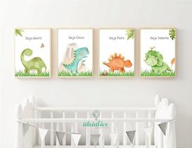 Kit Quadro Infantil Dinossauro Aquarela com Paisagem - 4 Quadros 23x23cm