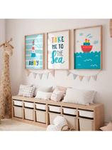 Kit Quadro Infantil Tema Marinho Farol Frase Barco Decoração Amor Aventura