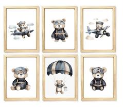 Kit quadro infantil urso aviador aquarela decorativo quarto criança bebê menino