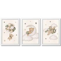 Kit Quadro Quarto Infantil Bebê Urso Aviador Verde Bege