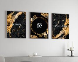 Kit Quadros Amor Fé Gratidão Dourado Luxuoso
