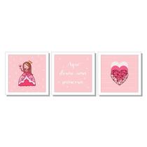 Kit quadros Aqui dorme uma princesa coração menina rosa