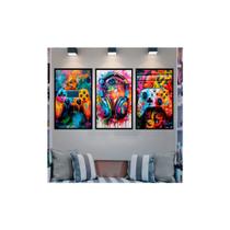 kit quadros de parede material mdf tema video game colorido fone e controle