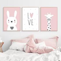 Kit Quadros Decoração 5 pçs Coelho Love Girafa Rosa"