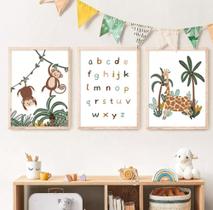 Kit Quadros Decoração 5 pçs Macaco Girafa Safari"