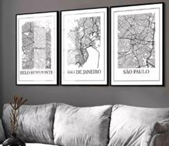 Kit Quadros Decoração 5 pçs Mapa Cidades Brasil"