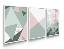 Kit Quadros Decoração 5 pçs Verde Rosa Geometrico"