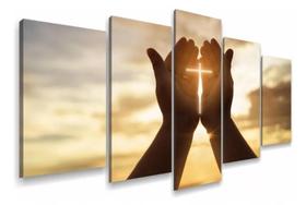 Kit Quadros Decoração Mão Cruz Religioso "