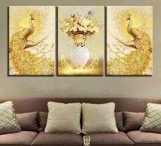 kit quadros decorativos 3 peças Aves Jarro De Flor Dourado "