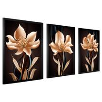 Kit Quadros Decorativos 3 Peças Moldura Sala Quarto Escritório Flor Dourada