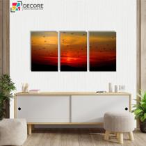 Kit Quadros Decorativos 3 Peças Pássaros Por Do Sol Paisagem