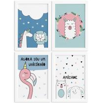 Kit Quadros Decorativos Animais Amigos 4un Mold Branca 22x32cm