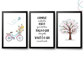 Kit quadros decorativos bicicleta árvore flores menina rosa