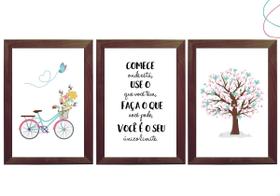 Kit quadros decorativos bicicleta árvore flores menina rosa