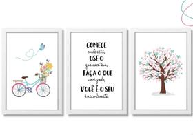 Kit quadros decorativos bicicleta árvore flores menina rosa