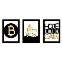Kit Quadros Decorativos Bitcoin em MDF com Acrílico Dourado