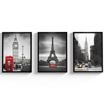 Kit Quadros Decorativos Cidades Moldura e Vidro Londres Paris Para Sala Torre Eiffel - Líder Molduras