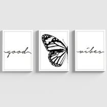 Kit Quadros Decorativos com Moldura Vidro Quarto Feminino Good Vibes