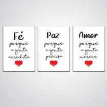 Kit Quadros Decorativos Fé Paz Amor 3 Peças Kit Quadros Decorativos Fé Paz Amor 3 Peças