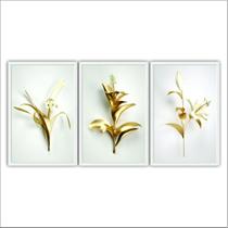 Kit Quadros Decorativos Floral 3D Botânico Branca e Dourada Kit Quadros Decorativos Floral 3D Botânico Branca e Dourada