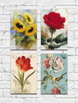 Kit Quadros Decorativos Flores Vintage 4 Peças M3 Kit Quadros Decorativos Flores Vintage 4 Peças M3