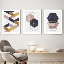 Kit Quadros Decorativos Hexágono Ouro Moldura Branca