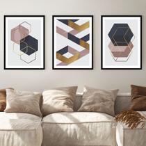 Kit Quadros Decorativos Hexágono Ouro Moldura Preta