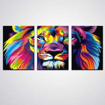 Kit Quadros Decorativos Leão Colorido 3 Peças Kit Quadros Decorativos Leão Colorido 3 Peças