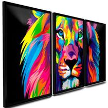 Kit Quadros Decorativos Leão Colorido 60x40 Sala Quarto Hall
