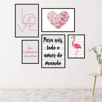 Kit Quadros Decorativos Love Sala Coração Felicidade 5 Peças