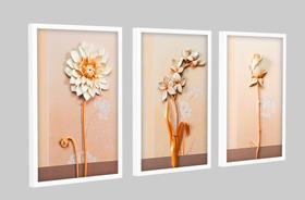 Kit Quadros Decorativos Sala Quarto Flores Branca Dourado e Rosê