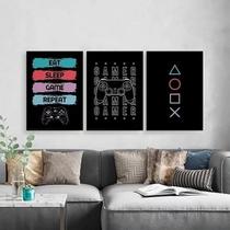 Kit Quadros Eat Sleep Game Repeat 33X24Cm 3 Peças Kit Quadros Eat Sleep Game Repeat 33X24Cm 3 Peças