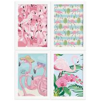 Kit Quadros Flamingos Tropicais Moldura Branca 4un 22x32cm