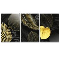 Kit Quadros Folhas Douradas Decorativo Preto Quarto Casal Grande - 3 telas 60x90 Kit Quadros Folhas Douradas Decorativo Preto Quarto Casal Grande - 3 telas 60x90